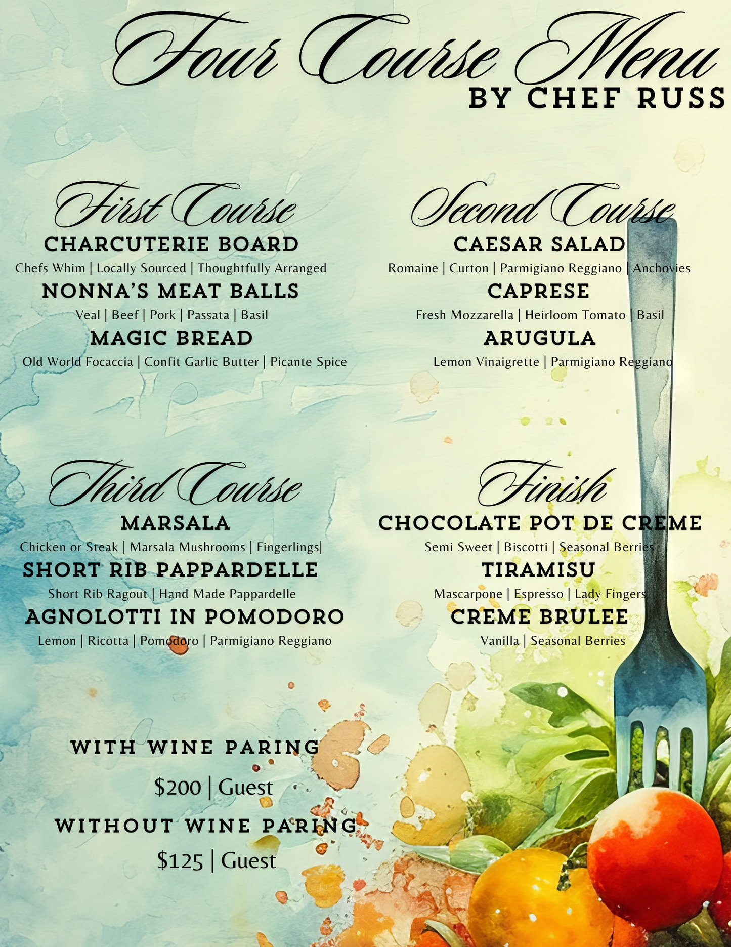 Hocking Hills Four Course Menu with Wine Pairings